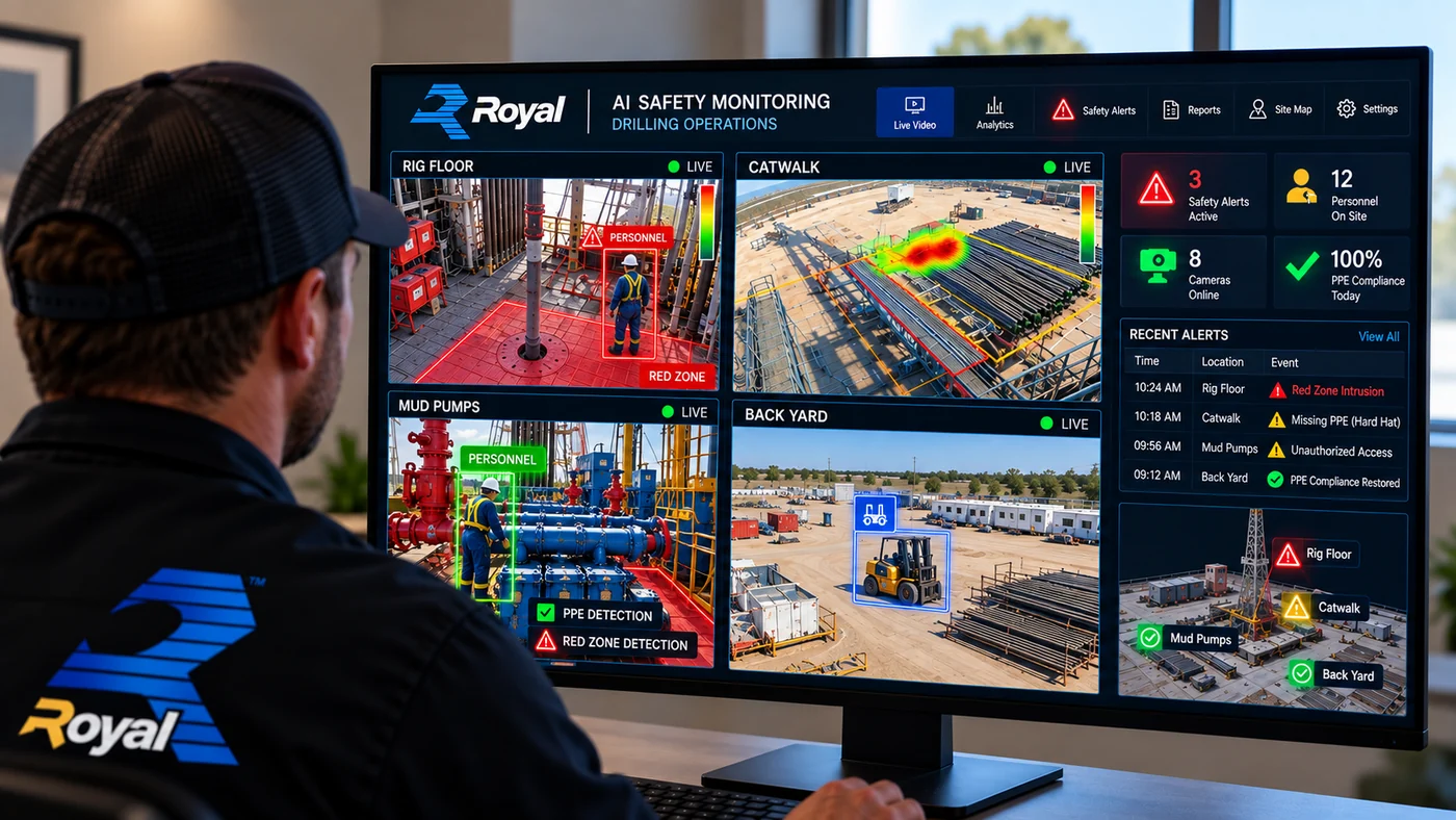 Royal AI safety monitoring — red zone and PPE detection
